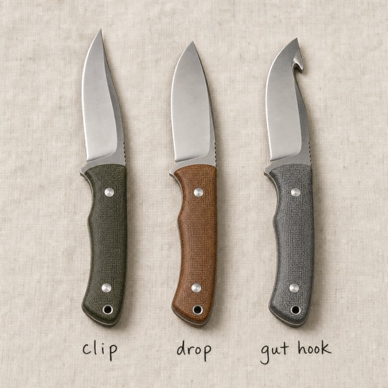 Couteau de chasse — lame solide, drop-point, clip-point, crochet à éviscérer