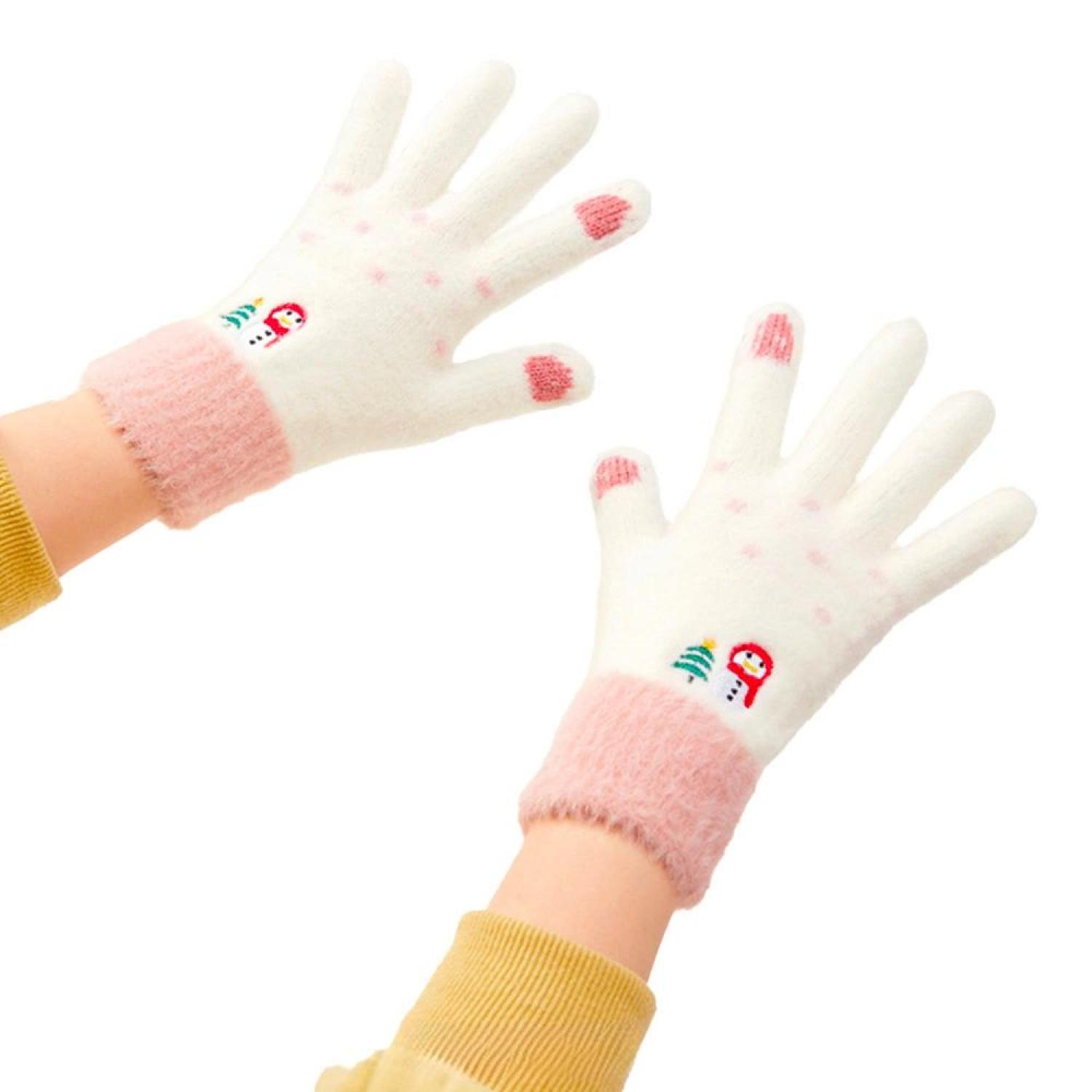 Gants d'hiver pour téléphone avec bonhomme de neige et sapin de Noël – Blanc / Rose