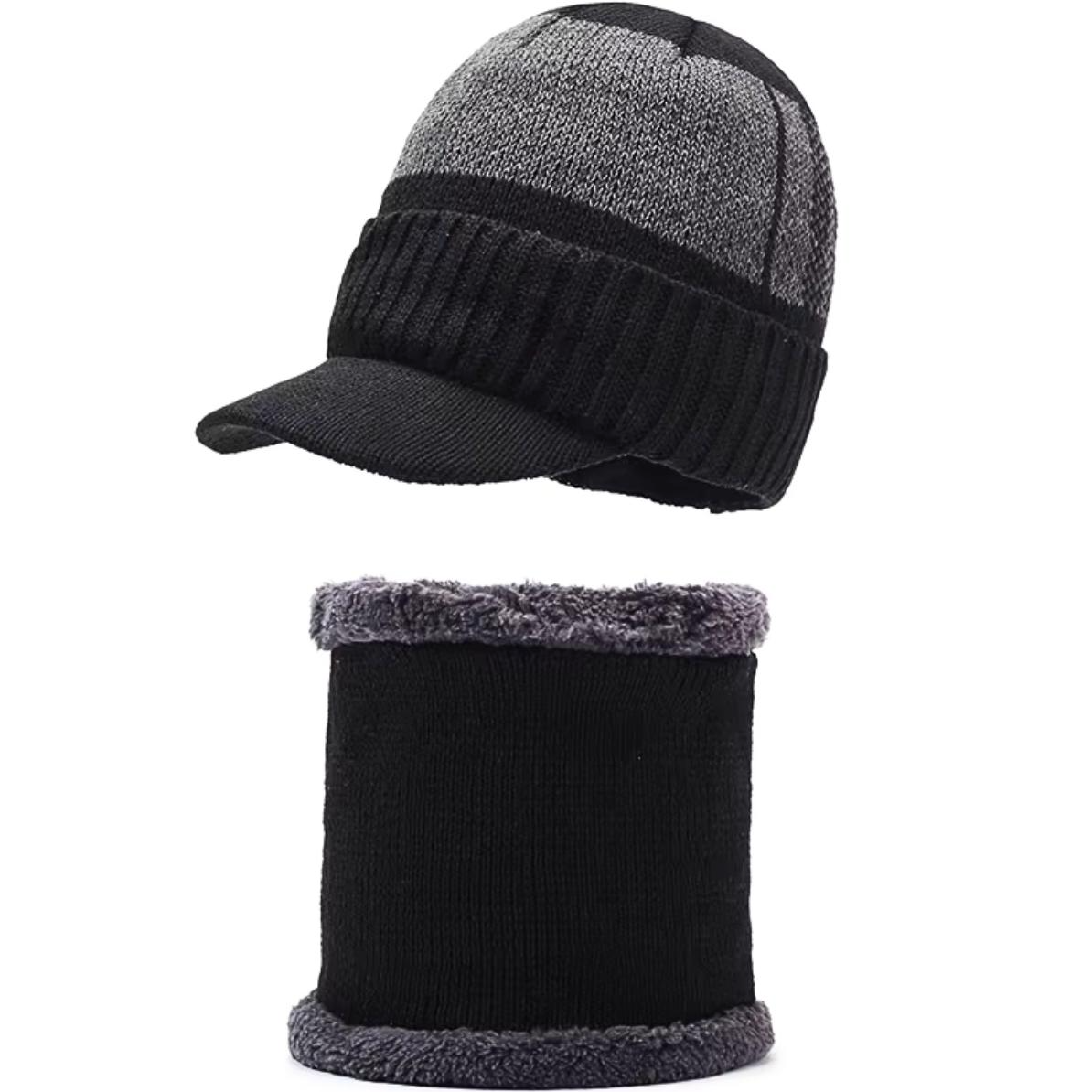 Bonnet d'hiver avec visière et écharpe - Gris