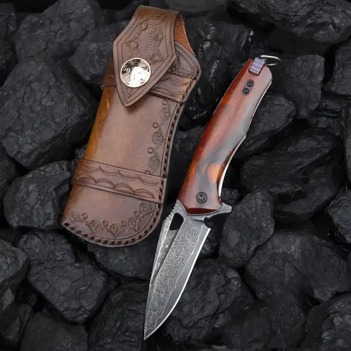 Couteau pliant de chasse en acier damassé HARAHU TA-29050 - Marron