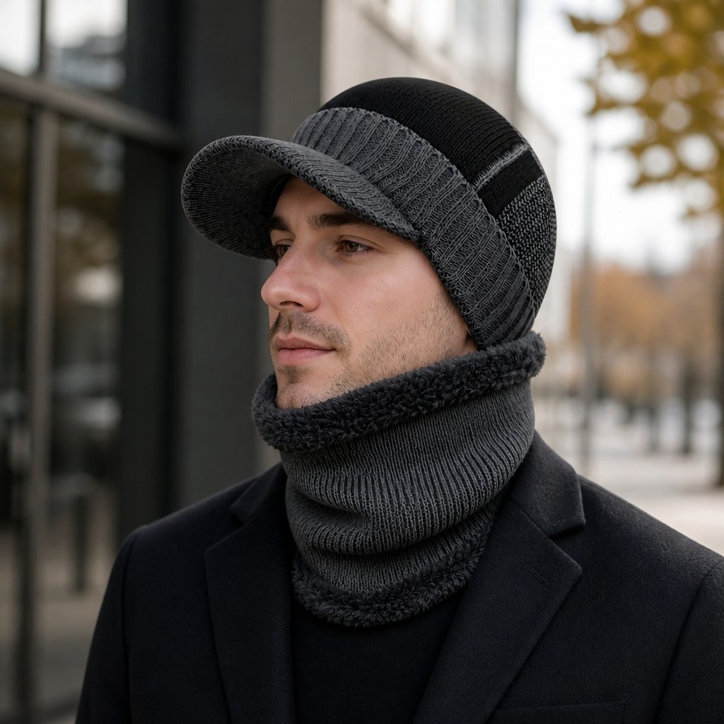 Bonnet d'hiver avec visière et écharpe - Gris